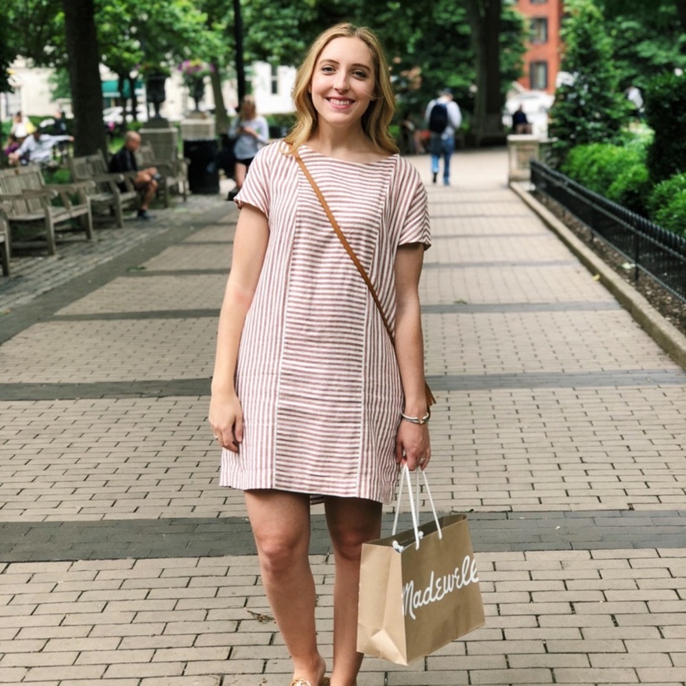 Madewell Linen Striped Play Button Back Short Sleeve Mini Tee Dress Warm Nutmeg